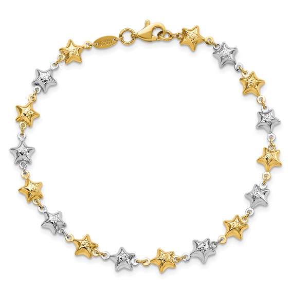 14k Two-tone Textured Puffed Stars 7.75 inch Bracelet
