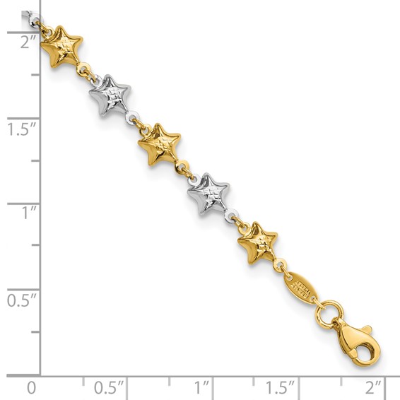 14k Two-tone Textured Puffed Stars 7.75 inch Bracelet