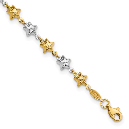 14k Two-tone Textured Puffed Stars 7.75 inch Bracelet