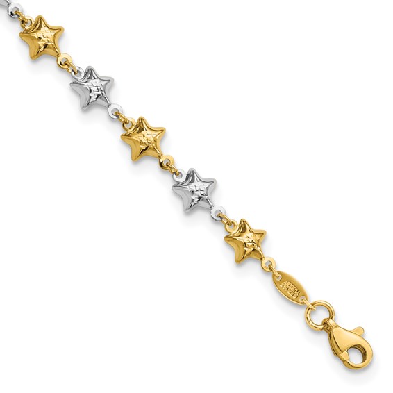 14k Two-tone Textured Puffed Stars 7.75 inch Bracelet