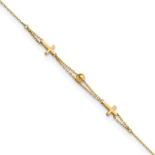 14K Polished Double Strand Cross and Bead 7.5 inch Bracelet