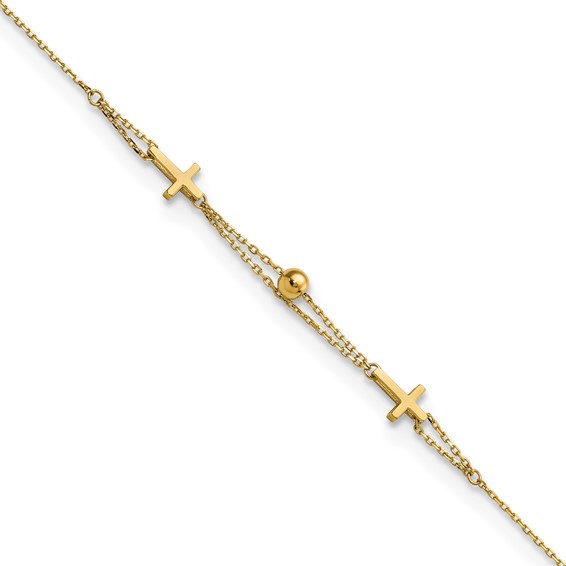 14K Polished Double Strand Cross and Bead 7.5 inch Bracelet