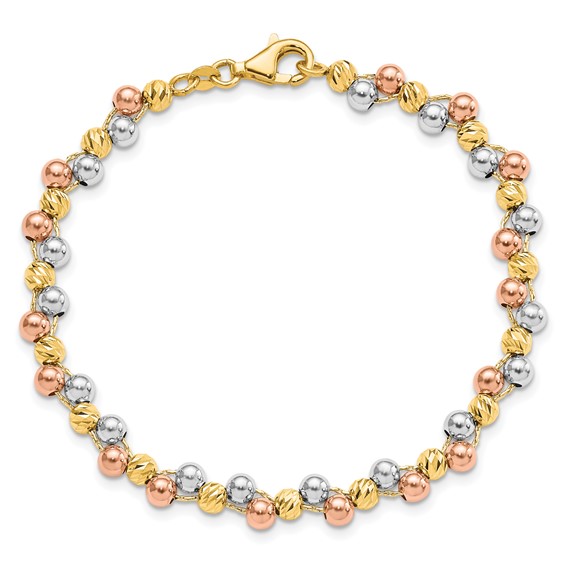 14K Tri Color Polished and D/C Beaded Bracelet