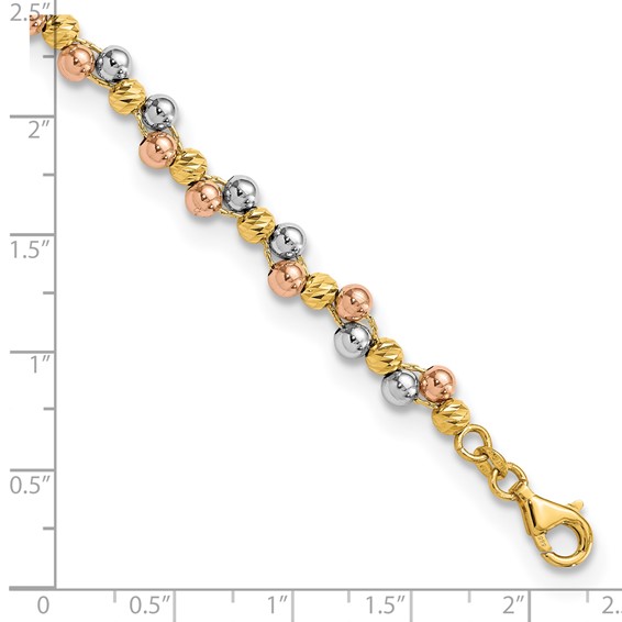 14K Tri Color Polished and D/C Beaded Bracelet