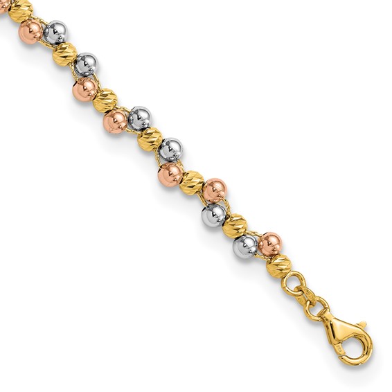 14K Tri Color Polished and D/C Beaded Bracelet
