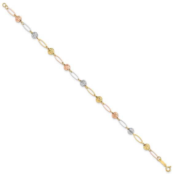 14K Tri-Color Polished Diamond-cut Beads and Oval Link 7 inch Bracelet