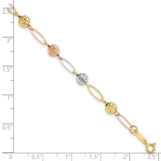 14K Tri-Color Polished Diamond-cut Beads and Oval Link 7 inch Bracelet