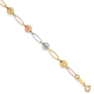 14K Tri-Color Polished Diamond-cut Beads and Oval Link 7 inch Bracelet