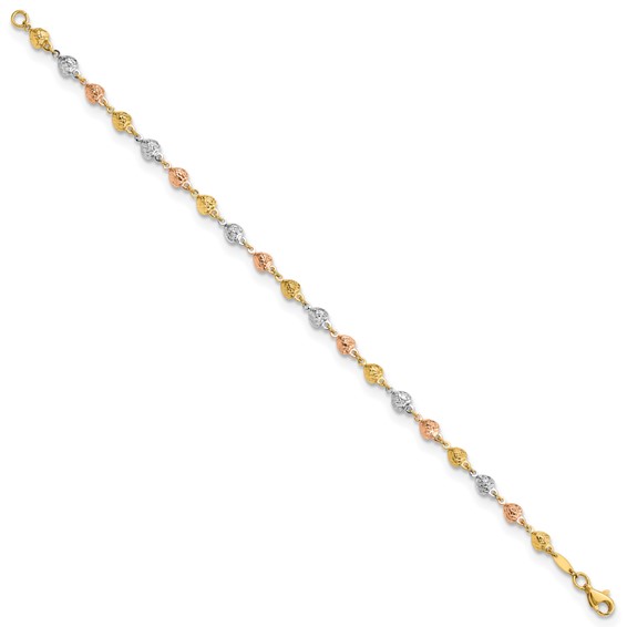 14K Tri-color Polished Diamond-Cut Hearts 7.5 inch Bracelet