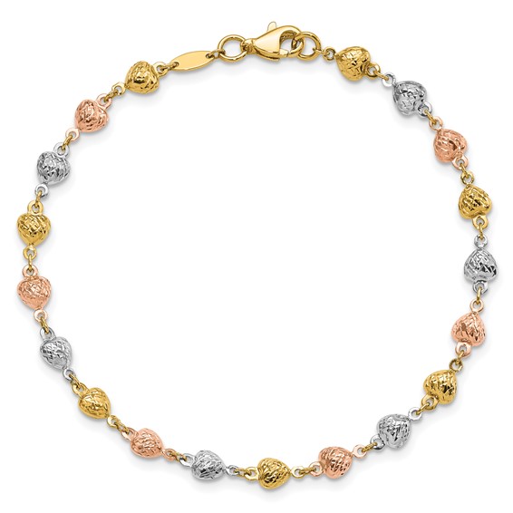 14K Tri-color Polished Diamond-Cut Hearts 7.5 inch Bracelet