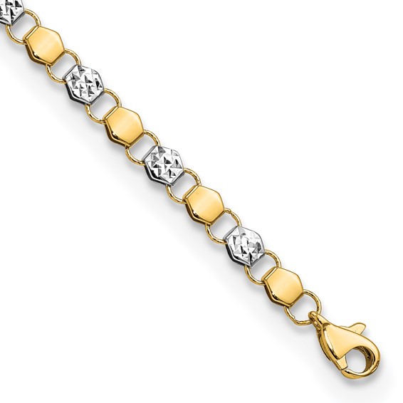14K and White Rhodium Diamond-cut Fancy Link 7.5 inch Bracelet