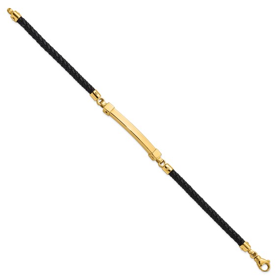 14K Polished 4mm Bar Braided Black Leather 8 inch Bracelet