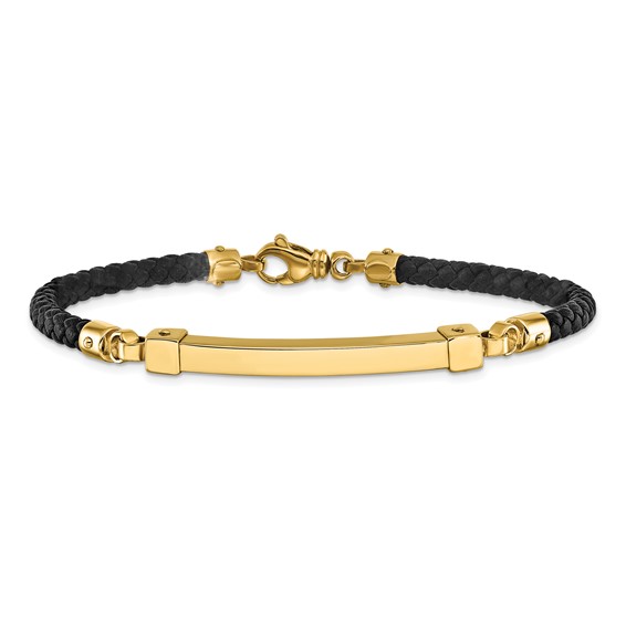 14K Polished 4mm Bar Braided Black Leather 8 inch Bracelet