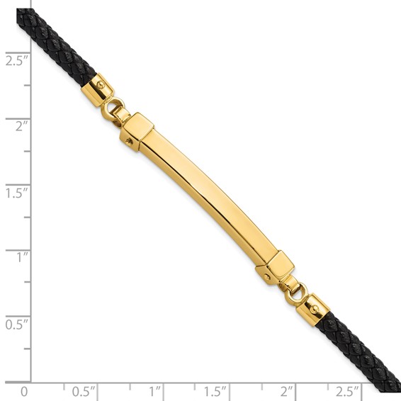 14K Polished 4mm Bar Braided Black Leather 8 inch Bracelet