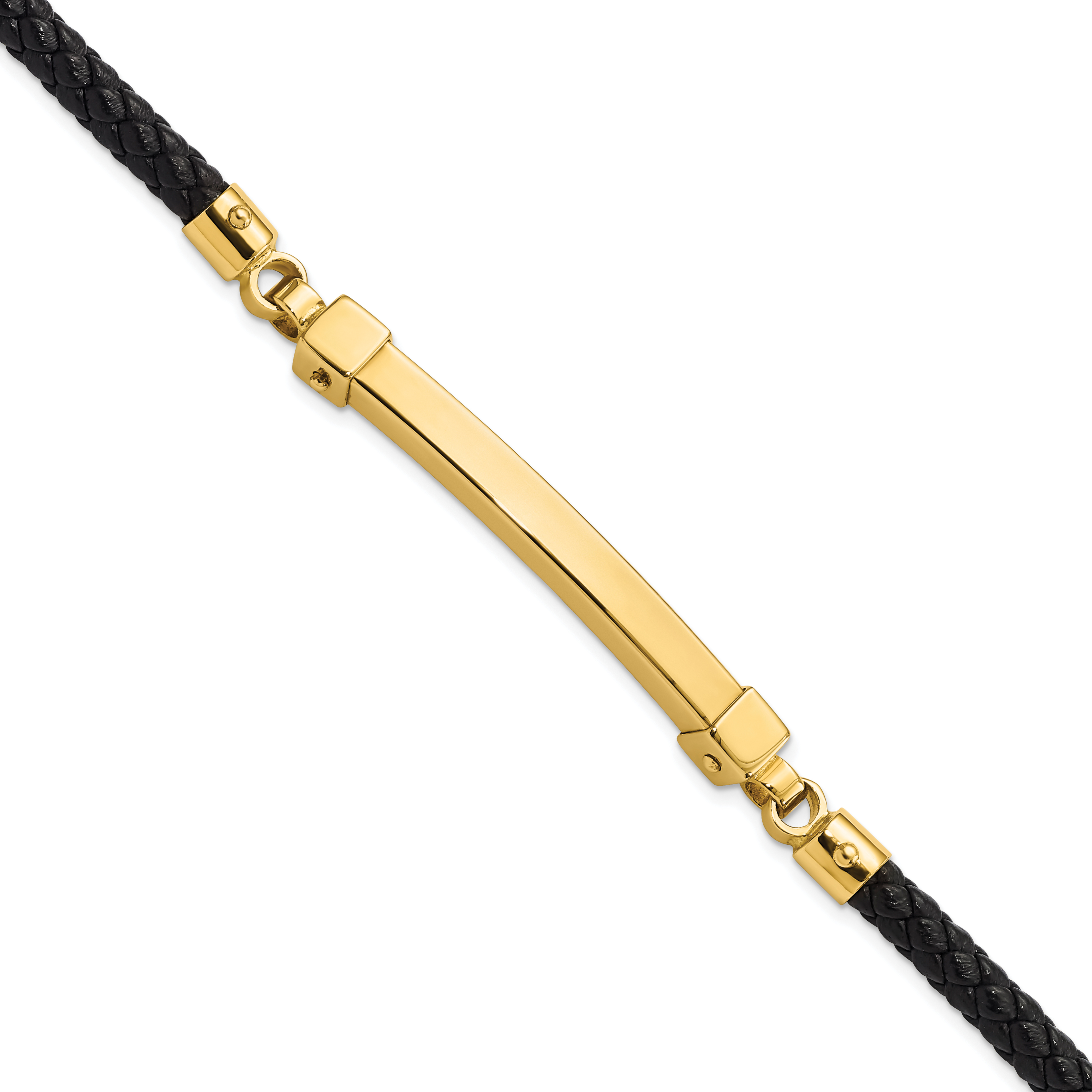 14K Polished 4mm Bar Braided Black Leather 8 inch Bracelet (FB1940-8)