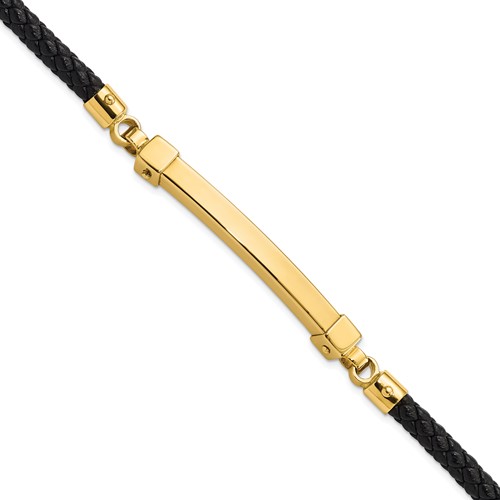 14K Polished 4mm Bar Braided Black Leather 8 inch Bracelet