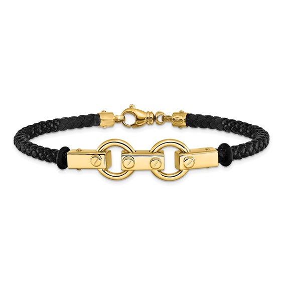 14K Polished Fancy Link Leather Bracelet