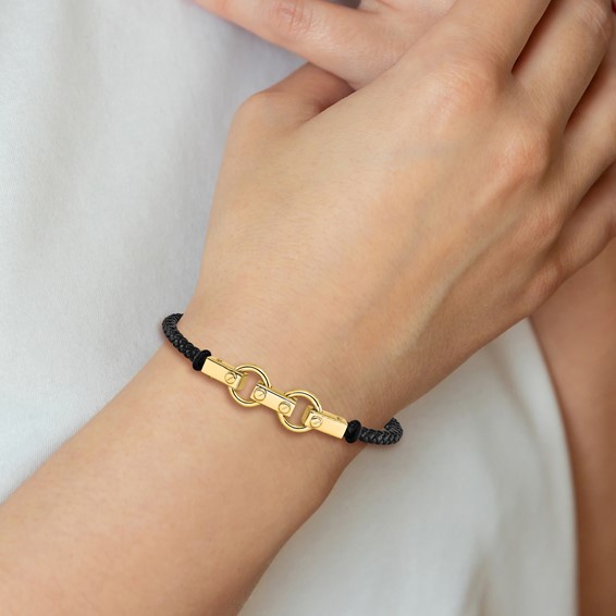 14K Polished Fancy Link Leather Bracelet