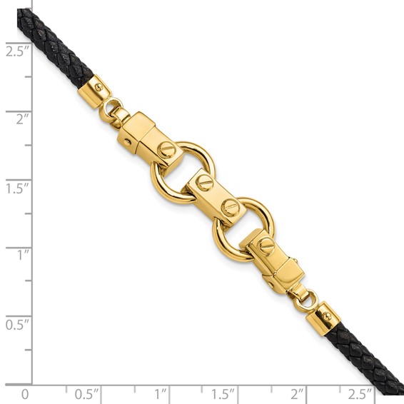 14K Polished Fancy Link Leather Bracelet
