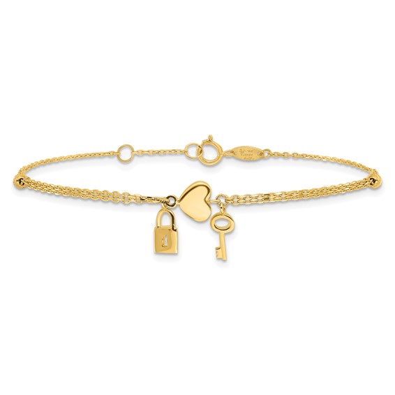 14K Polished and Diamond-cut Heart Lock and Key 7 inch Bracelet Plus 0.5 inch Extender