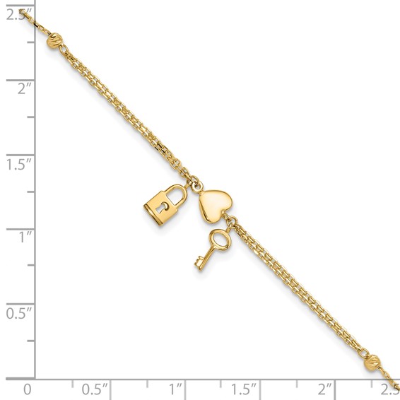 14K Polished and Diamond-cut Heart Lock and Key 7 inch Bracelet Plus 0.5 inch Extender