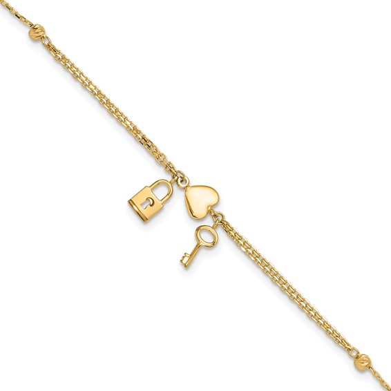14K Polished and Diamond-cut Heart Lock and Key 7 inch Bracelet Plus 0.5 inch Extender
