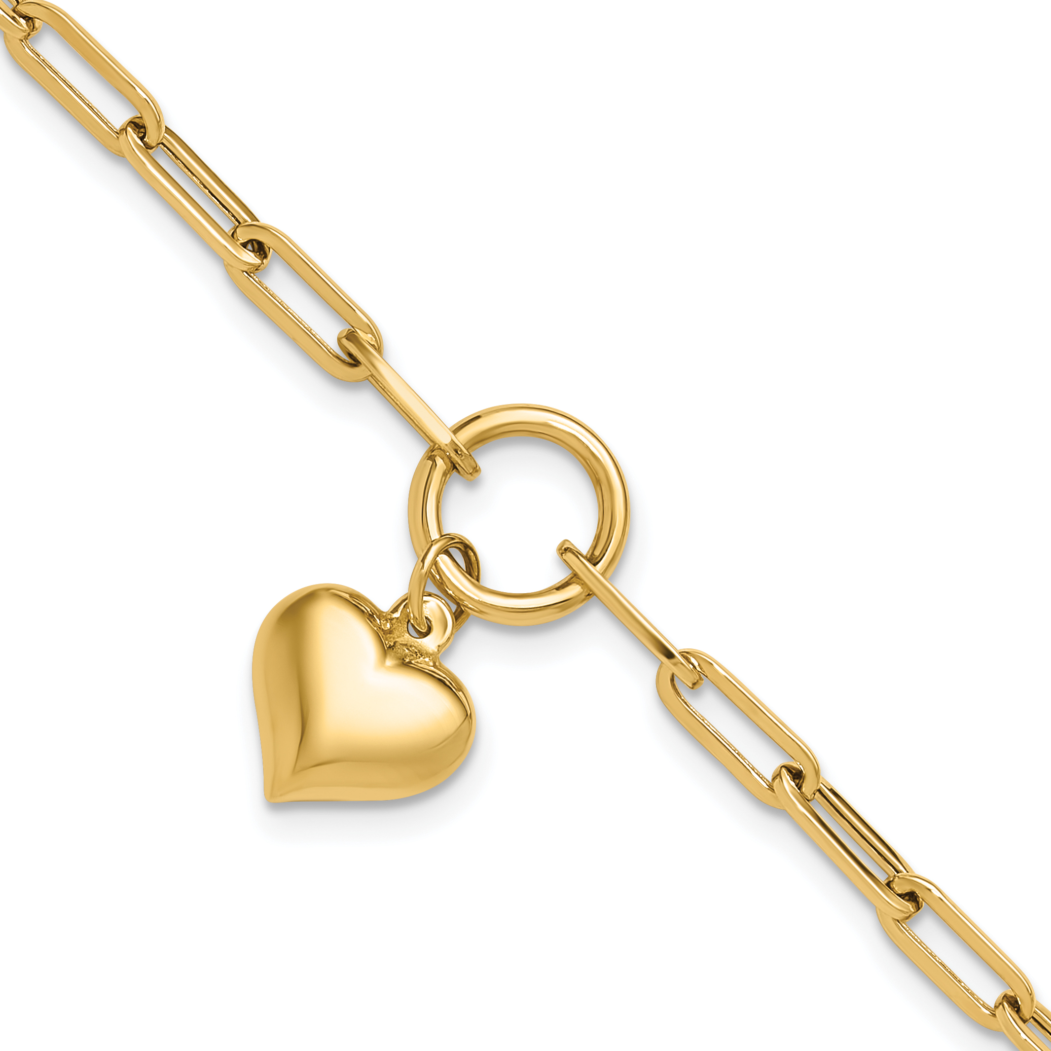 14K Polished Puffed Heart Dangle Paper Clip Link 7.25 inch Bracelet (FB1983-7.25)