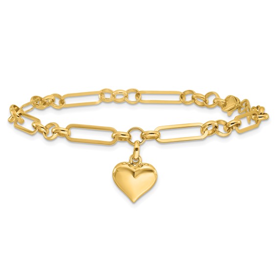 14K Polished Puffed Heart Charm Dangle Figaro Link 7.5 inch Bracelet