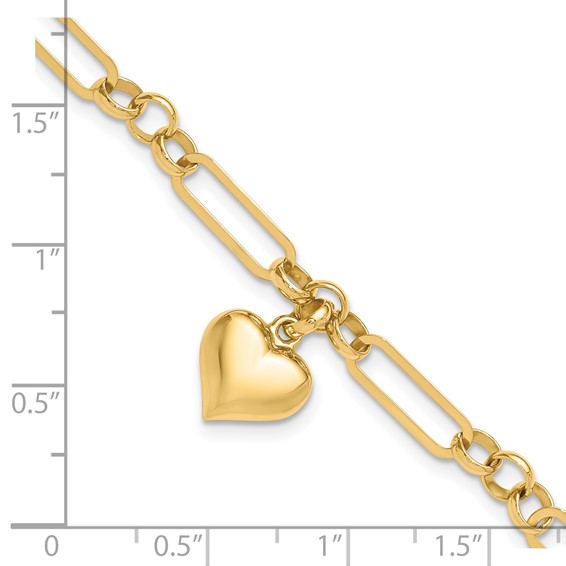 14K Polished Puffed Heart Charm Dangle Figaro Link 7.5 inch Bracelet