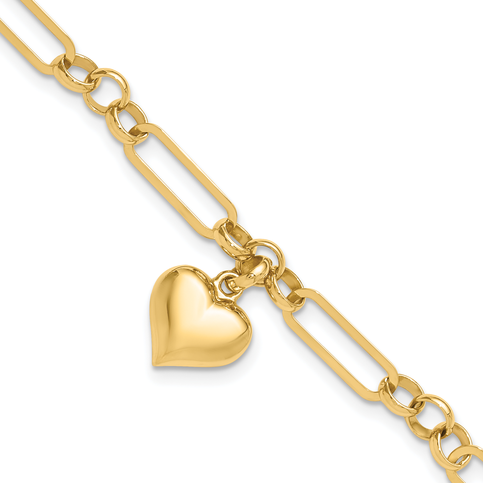 14K Polished Puffed Heart Charm Dangle Figaro Link 7.5 inch Bracelet (FB1984-7.5)