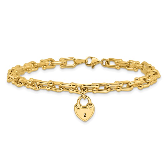 14K Polished Heart Lock Charm Fancy Link 7.5 inch Bracelet