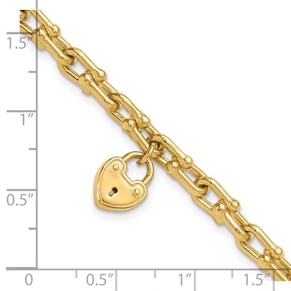 14K Polished Heart Lock Charm Fancy Link 7.5 inch Bracelet