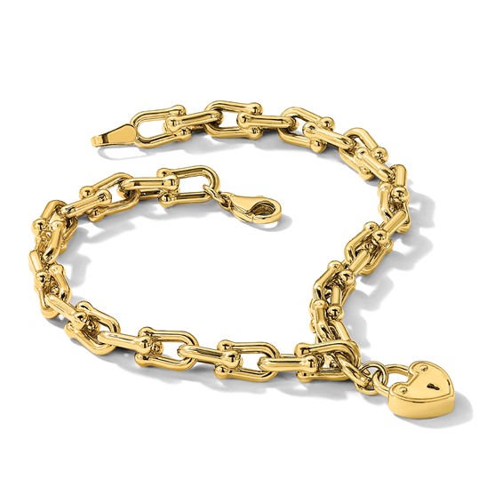 14K Polished Heart Lock Charm Fancy Link 7.5 inch Bracelet