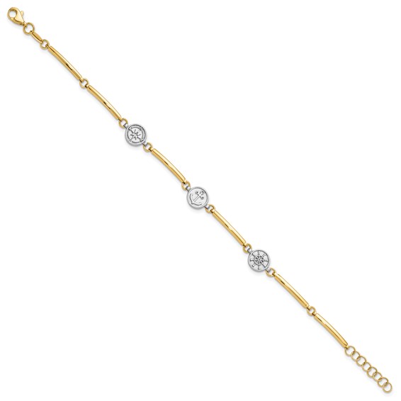 14K Two-tone Polished Compass/Anchor/Ships Wheel 7 inch Bracelet Plus 1 inch Extender