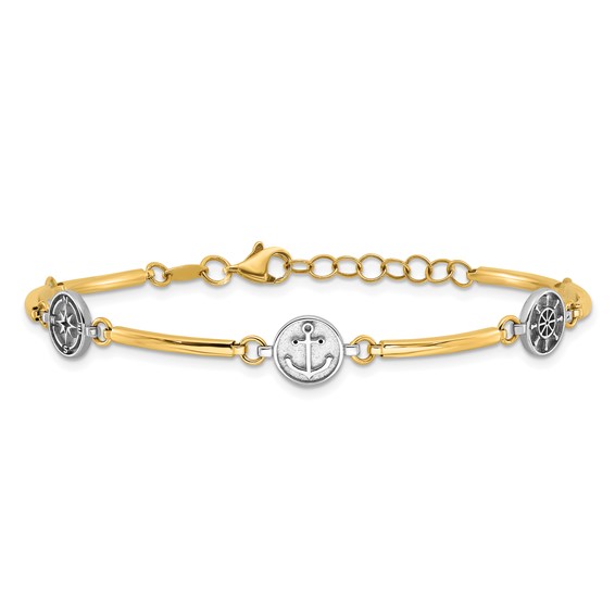 14K Two-tone Polished Compass/Anchor/Ships Wheel 7 inch Bracelet Plus 1 inch Extender