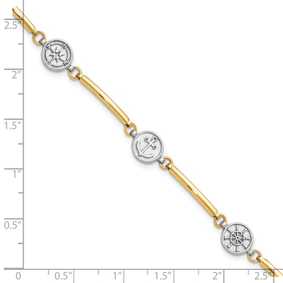 14K Two-tone Polished Compass/Anchor/Ships Wheel 7 inch Bracelet Plus 1 inch Extender