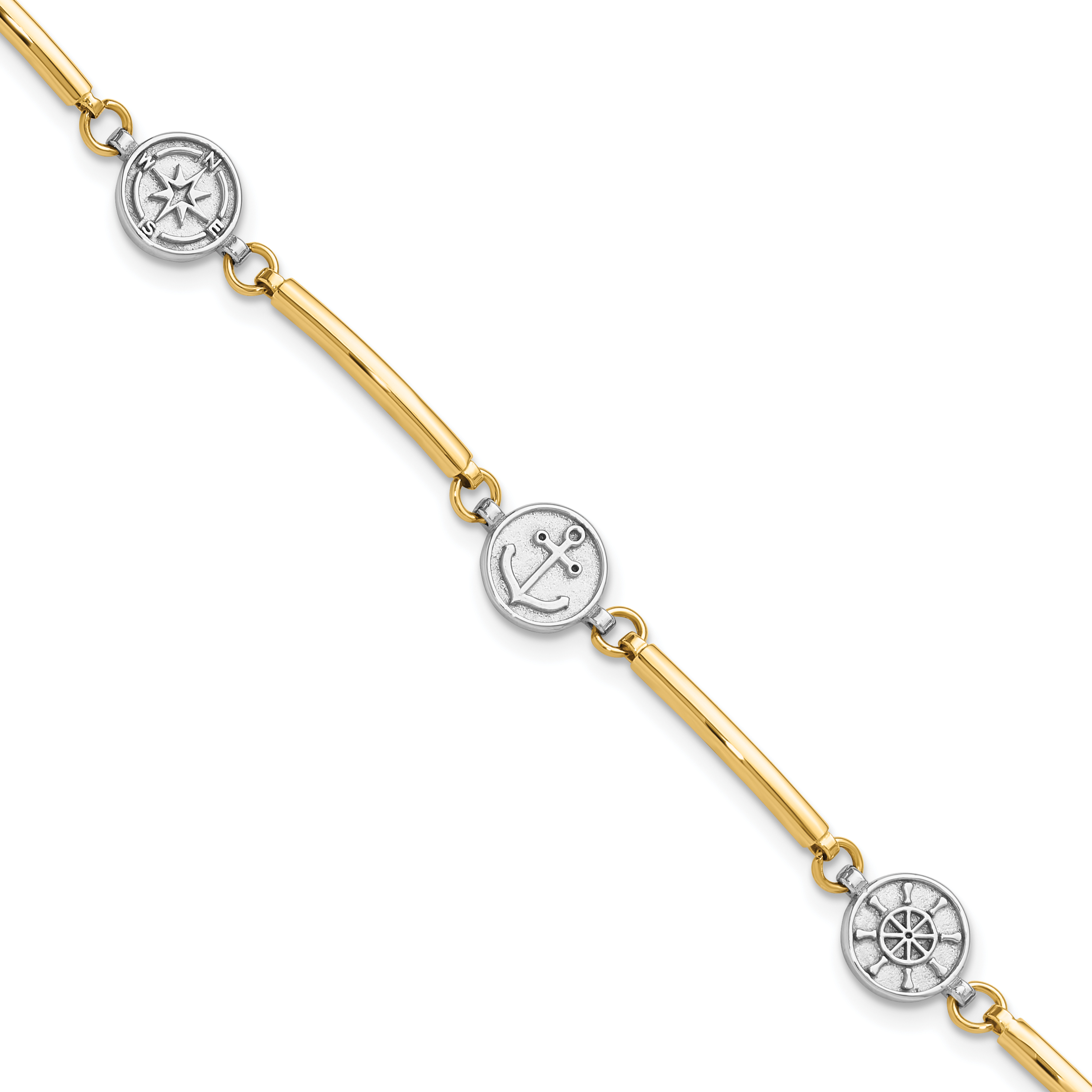 14K Two-tone Polished Compass/Anchor/Ships Wheel 7 inch Bracelet Plus 1 inch Extender (FB1990-7)