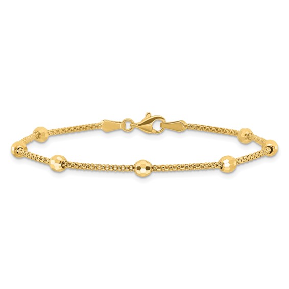 14K Polished 7-Station Mirror Beads and Chain 7 inch Bracelet