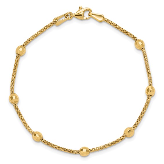 14K Polished 7-Station Mirror Beads and Chain 7 inch Bracelet