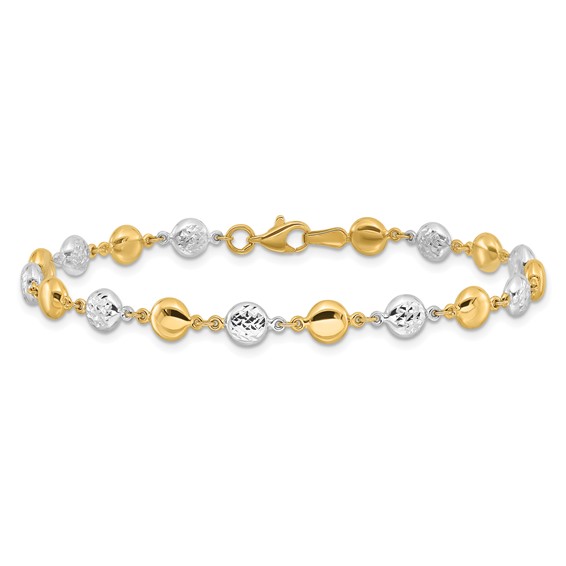 14K Two-tone Polished and Diamond-cut Puffed Beads 7.75 inch Bracelet