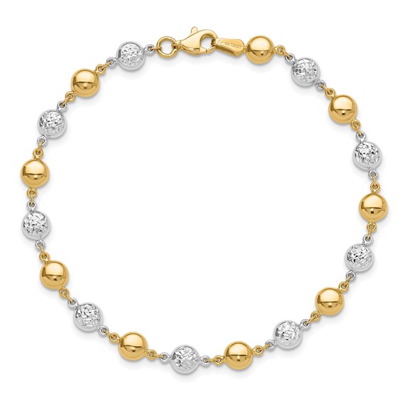 14K Two-tone Polished and Diamond-cut Puffed Beads 7.75 inch Bracelet