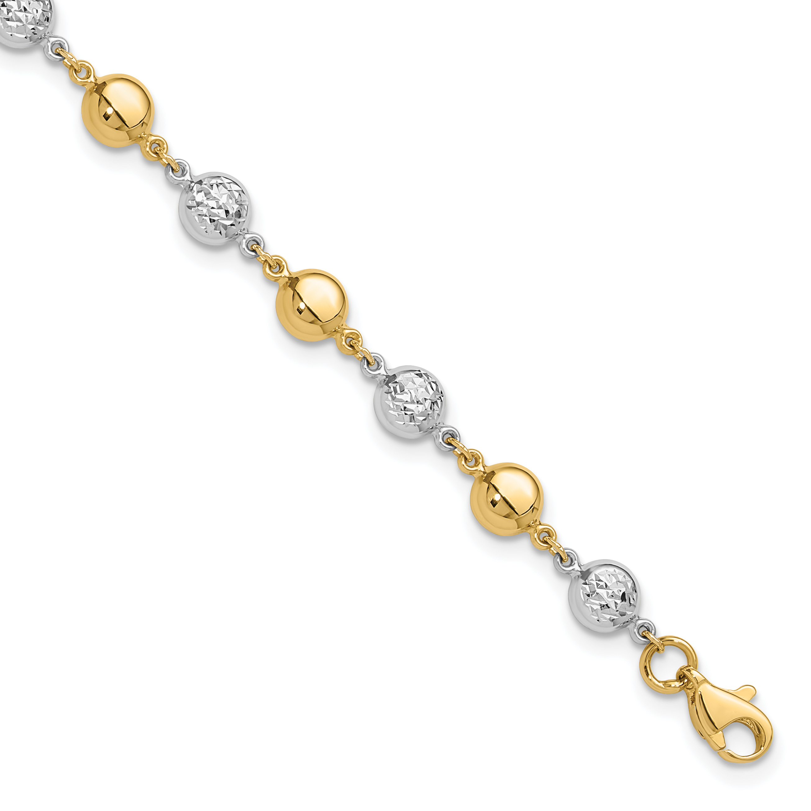 14K Two-tone Polished and Diamond-cut Puffed Beads 7.75 inch Bracelet (FB1994-7.75)
