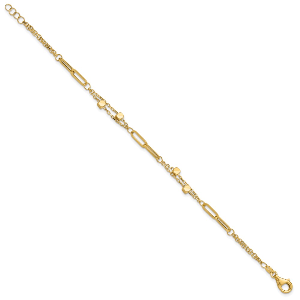 14K Polished Square Beads and Paperclip Link 7 inch Bracelet Plus 0.5 inch Extender (FB1996-7)
