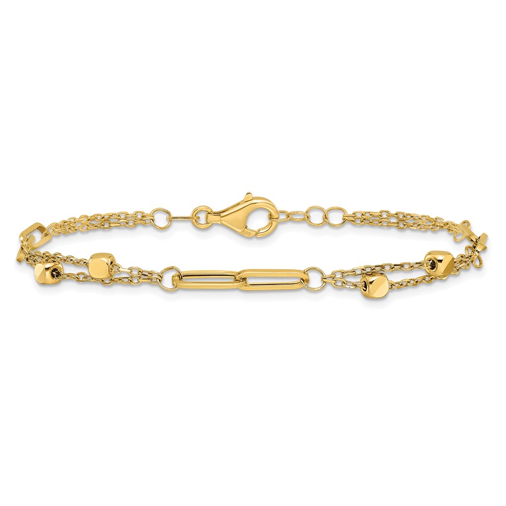 14K Polished Square Beads and Paperclip Link 7 inch Bracelet Plus 0.5 inch Extender (FB1996-7)