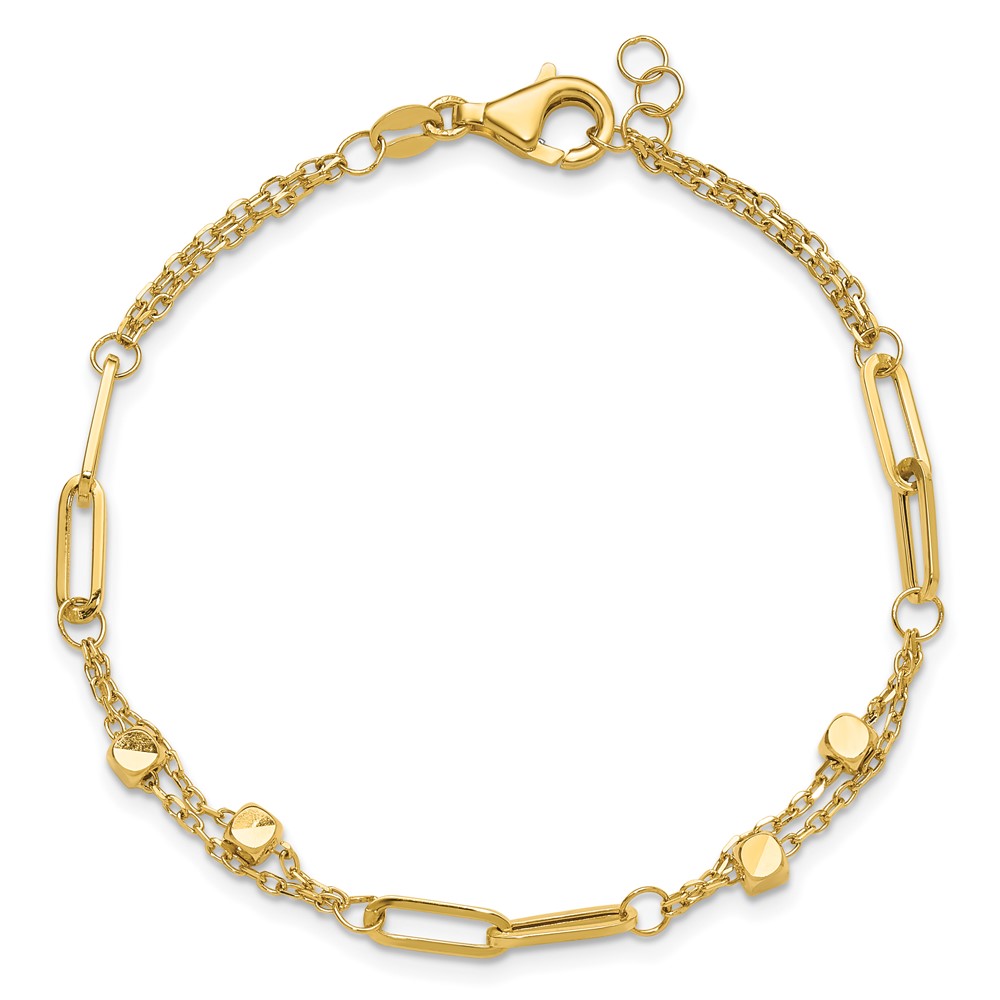 14K Polished Square Beads and Paperclip Link 7 inch Bracelet Plus 0.5 inch Extender (FB1996-7)