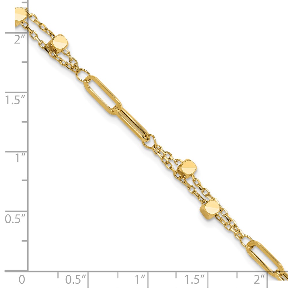 14K Polished Square Beads and Paperclip Link 7 inch Bracelet Plus 0.5 inch Extender (FB1996-7)