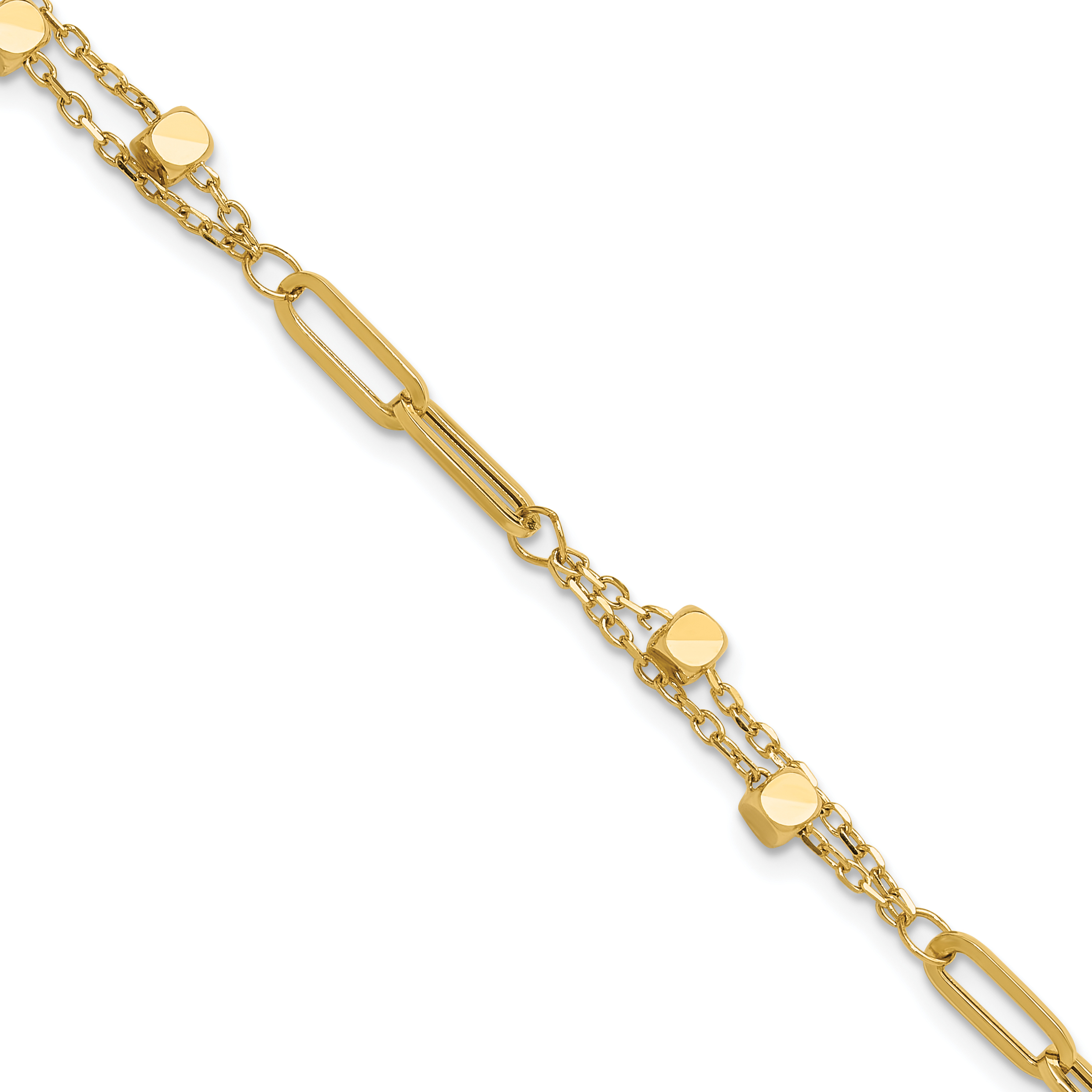 14K Polished Square Beads and Paperclip Link 7 inch Bracelet Plus 0.5 inch Extender (FB1996-7)