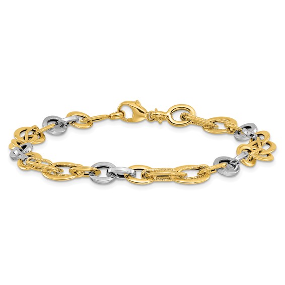 14k Two-Tone Polished and Textured Fancy Link Bracelet
