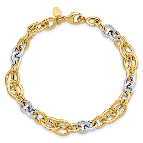14k Two-Tone Polished and Textured Fancy Link Bracelet