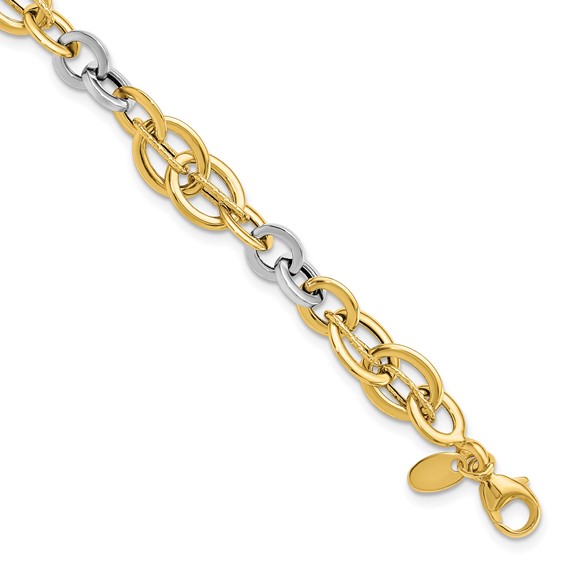 14k Two-Tone Polished and Textured Fancy Link Bracelet